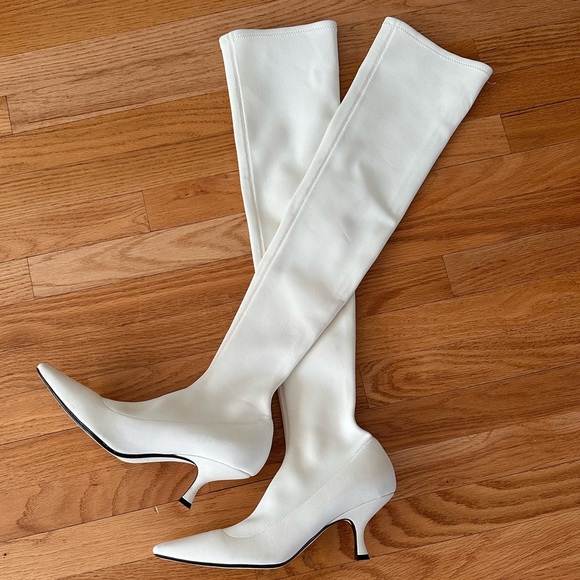 Khaite Taylor Women's White Over-the-Knee Neoprene Kitten Heel Boots - Picture 1 of 12